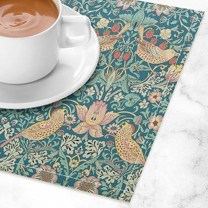 William Morris Floral Placemats Strawberry Thief Blue Art Printed Dining Table Mats Set of 4 for Home Kitchen Holiday Picnic Party Decoration 12x18in