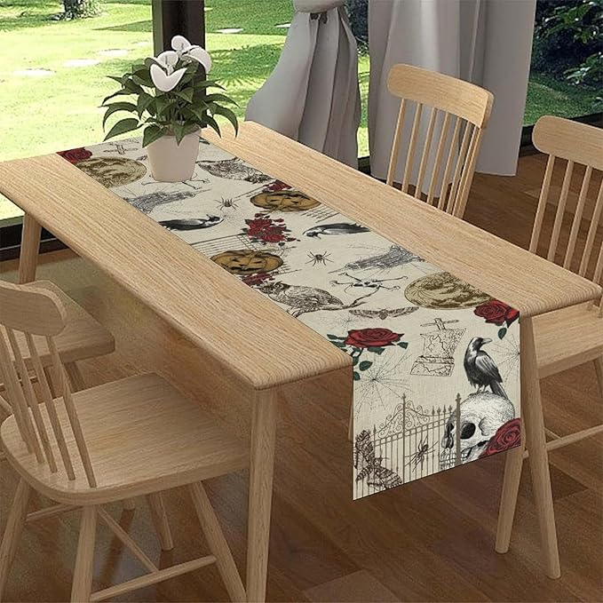 Gothic Floral Table Runner, Retro Dark Skull Crow Vintage Flower Halloween Pumpkin Witchy Coffee Table Center Decor for Home Kitchen Dining Patio Holiday Party Table Decorations 13x108 inches