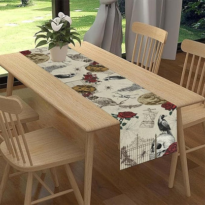 Gothic Floral Table Runner, Retro Dark Skull Crow Vintage Flower Halloween Pumpkin Witchy Coffee Table Center Decor for Home Kitchen Dining Patio Holiday Party Table Decorations 13x72 inches