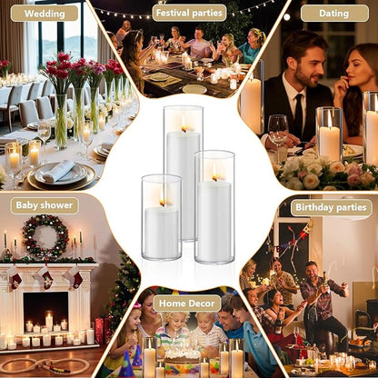 24 PCS White Pillar Candles with Glass Candle Holders Clear Hurricane Candle Holders Glass Cylinder Vases for Centerpieces Wedding Party, Event, Home Office (12 Candles+12 Candle Hoders)
