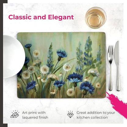 Pimpernel Fleurs des Champs Collection Placemats & Coasters Set (15.7" x 11.7") – Blue & White Cornflower Pattern on Cork-Backed Boards, Heat & Stain Resistant Dining Mats with Lacquered Finish