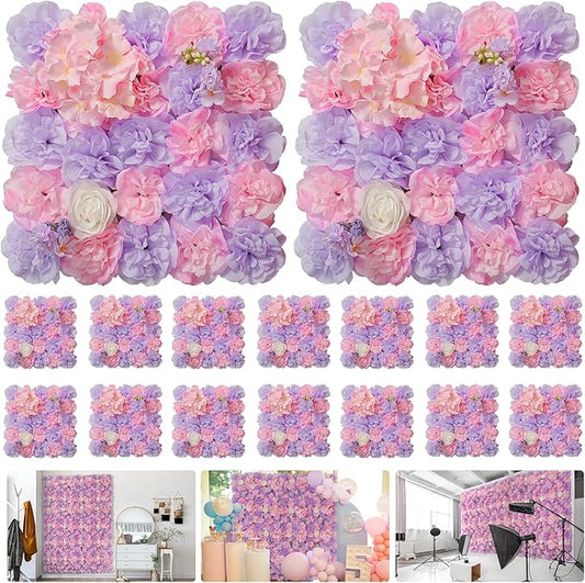 Artificial Flower Wall Backdrop 16pcs 16.5x16.5 Inch 3D Silk Rose Floral Wall Panel Ideal for Wedding Celebrations, Festive Party Birthday Backdrops and Elegant Home Decor-Pink and Purple