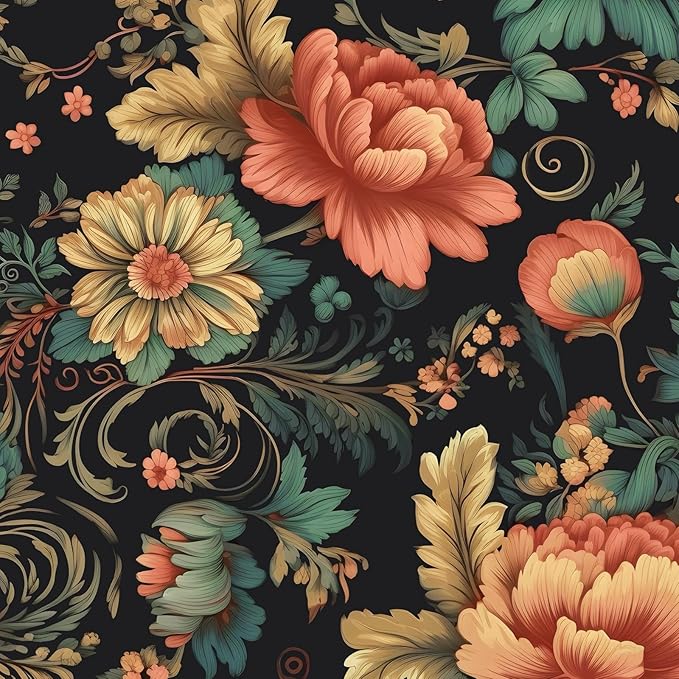 Colorful Floral Peel and Stick Wallpaper Boho Vibrant Contact Paper Stick Peel Cabinet Vintage Wallpaper for Bedroom Bathroom Wall Removable Black 17.5 x 393.5In