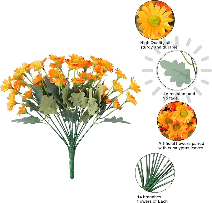 Daisy Artificial Flowers for Outdoors Winter Decoration, 6 Bundles Fake Mums Orange Silk Flowers for Outside Look Real UV Resistant Fake Plants Faux Flowers for Planter Front Door Home Indoor Urn