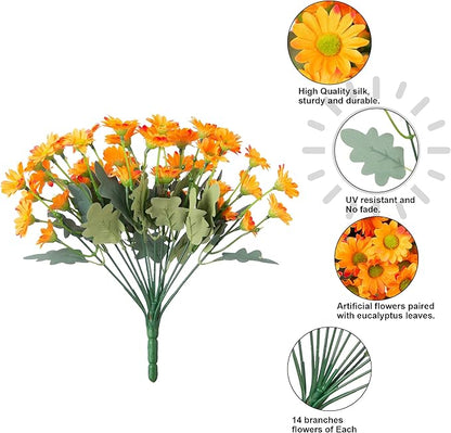 Daisy Artificial Flowers for Outdoors Winter Decoration, 6 Bundles Fake Mums Orange Silk Flowers for Outside Look Real UV Resistant Fake Plants Faux Flowers for Planter Front Door Home Indoor Urn