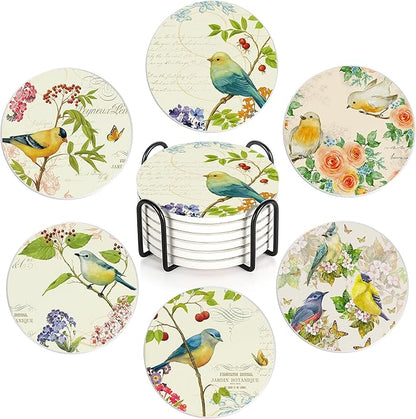 Coaster for Drinks Set of 6, Vintage Watercolor Bird Flower Absorbing Round Ceramic Stone Coaster with Cork Base,Tabletop Protection Mat for Mugs and Cups,Coffee Table Wine Glass Home Bar 4 Inch