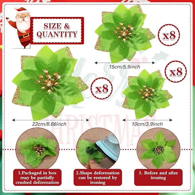 WILLBOND 24 Pcs 3 Size Poinsettia Flower Artificial Christmas Decor Glitter Poinsettia Christmas Ornaments Faux Flowers for Xmas Tree Outdoor(4/6/7.9 Inches,Green)