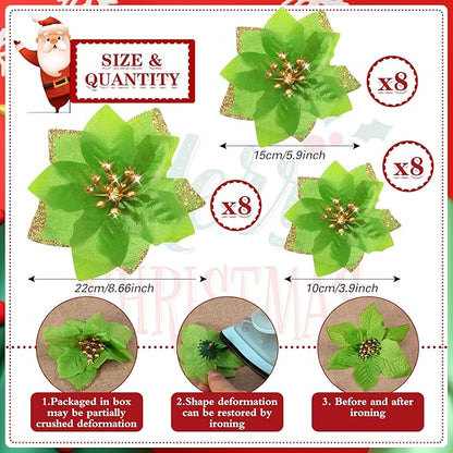 WILLBOND 24 Pcs 3 Size Poinsettia Flower Artificial Christmas Decor Glitter Poinsettia Christmas Ornaments Faux Flowers for Xmas Tree Outdoor(4/6/7.9 Inches,Green)
