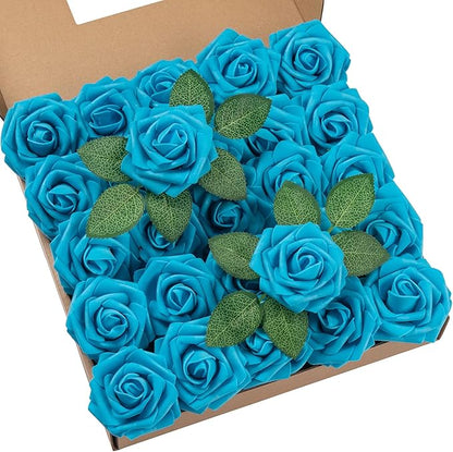 DuHouse 25Pcs Artificial Roses Flowers Fake Roses with Stems Real Touch Foam Flowers for DIY Wedding Bouquet Baby Shower Centerpiece Floral Arrangement Party Home Decor(Middle Blue)