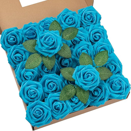 DuHouse 25Pcs Artificial Roses Flowers Fake Roses with Stems Real Touch Foam Flowers for DIY Wedding Bouquet Baby Shower Centerpiece Floral Arrangement Party Home Decor(Middle Blue)