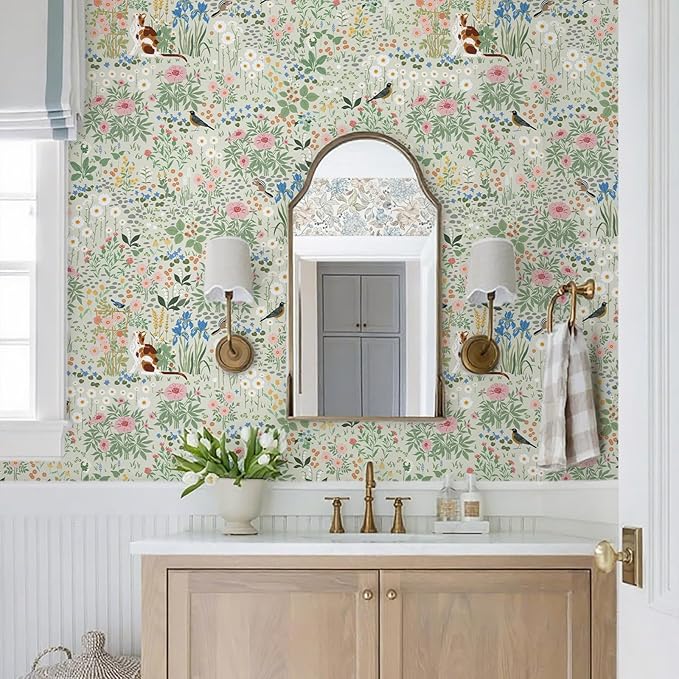 Heroad Floral Peel and Stick Wallpaper Light Green Wallpaper Boho French Country Contact Paper Cat Birds Removable Self-Adhesive Wall Paper for Bedroom Kitchen Cabinets Decoration Vinyl 17.3”x78.7”