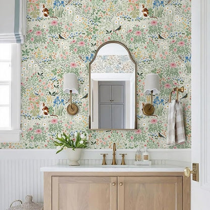 Heroad Floral Peel and Stick Wallpaper Light Green Wallpaper Boho French Country Contact Paper Cat Birds Removable Self-Adhesive Wall Paper for Bedroom Kitchen Cabinets Decoration Vinyl 17.3”x78.7”
