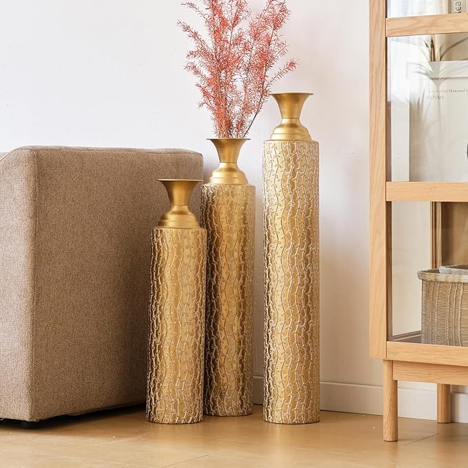 Floor Oversized Gold Metal Decorative Vase with 3D Triangle Pattern Set of 3 Large Vases for Home Living Room 33.5 ", 29.5 ", 25.2" High (Matte Gold)