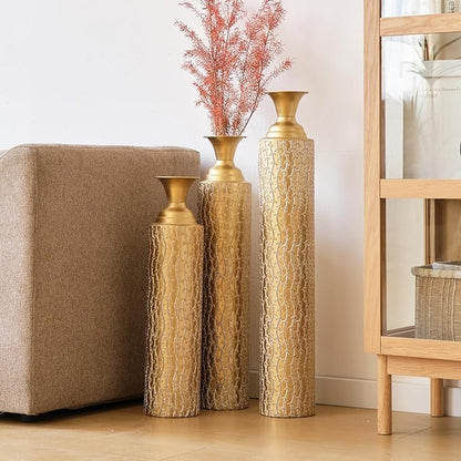 Floor Oversized Gold Metal Decorative Vase with 3D Triangle Pattern Set of 3 Large Vases for Home Living Room 33.5 ", 29.5 ", 25.2" High (Matte Gold)