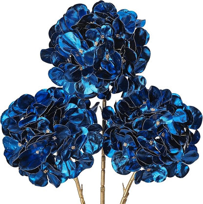 Hollyone 3Pcs Artificial Hydrangea Flowers Blue Christmas Ornaments Flowers 26inch Fake Hydrangea Flower Floral Arrangements Bouquets Xmas Faux Hydrangeas Stems Wedding Party Christmas Home Decor
