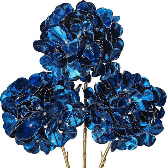 Hollyone 3Pcs Artificial Hydrangea Flowers Blue Christmas Ornaments Flowers 26inch Fake Hydrangea Flower Floral Arrangements Bouquets Xmas Faux Hydrangeas Stems Wedding Party Christmas Home Decor