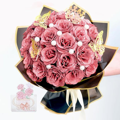 Glitter Roses Bouquet, Shiny Artificial Roses Flowers with Stems DIY Fake Glitter Flowers Bouquet for Valentine's Day, Mother's Day, Anniversary, Graduation, Birthday, Wedding, 36 Roses (Rose Gold)
