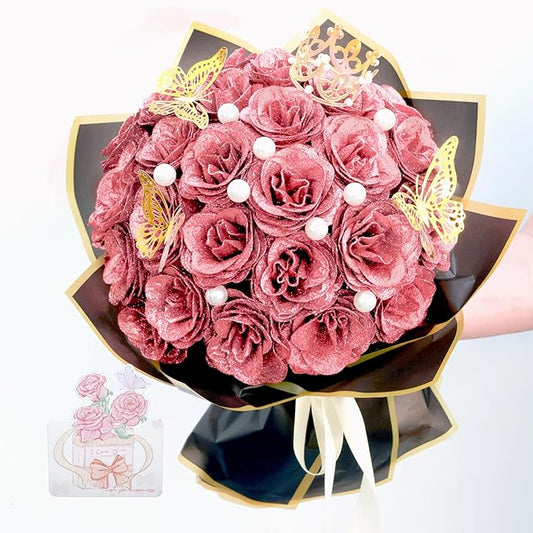 Glitter Roses Bouquet, Shiny Artificial Roses Flowers with Stems DIY Fake Glitter Flowers Bouquet for Valentine's Day, Mother's Day, Anniversary, Graduation, Birthday, Wedding, 36 Roses (Rose Gold)