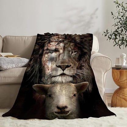 Christian Jesus Lion and Lamb Throw Blanket - Religious Gifts and Decor for Men Women Adults - Soft Warm Cozy Fleece for Couch Sofa Bed 80"x60"