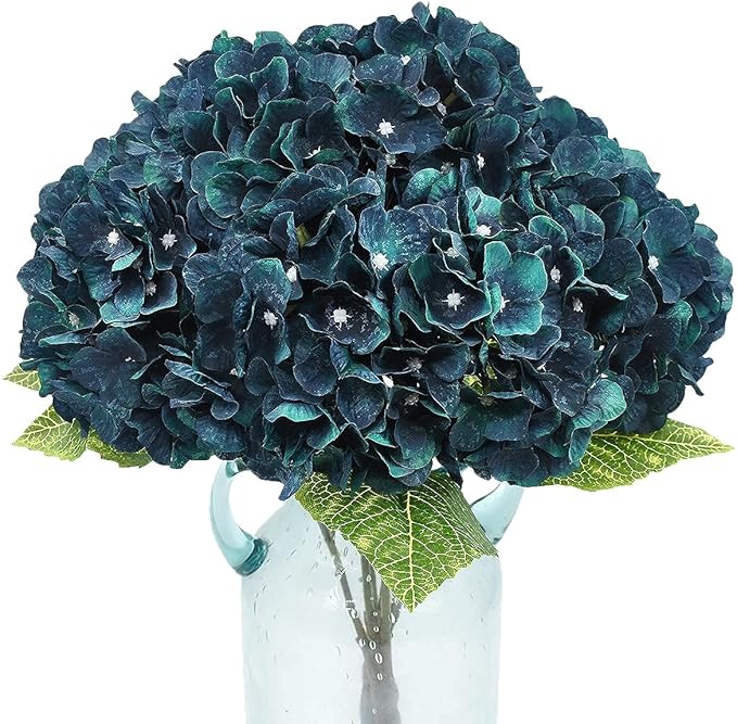 2Bouquets Artificial Fake Flowers Plants Silk Hydrangea Arrangements Wedding Bouquets Decorations Plastic Floral Home Kitchen Garden Party Festival Bar DIY((Dark Peacock Blue)
