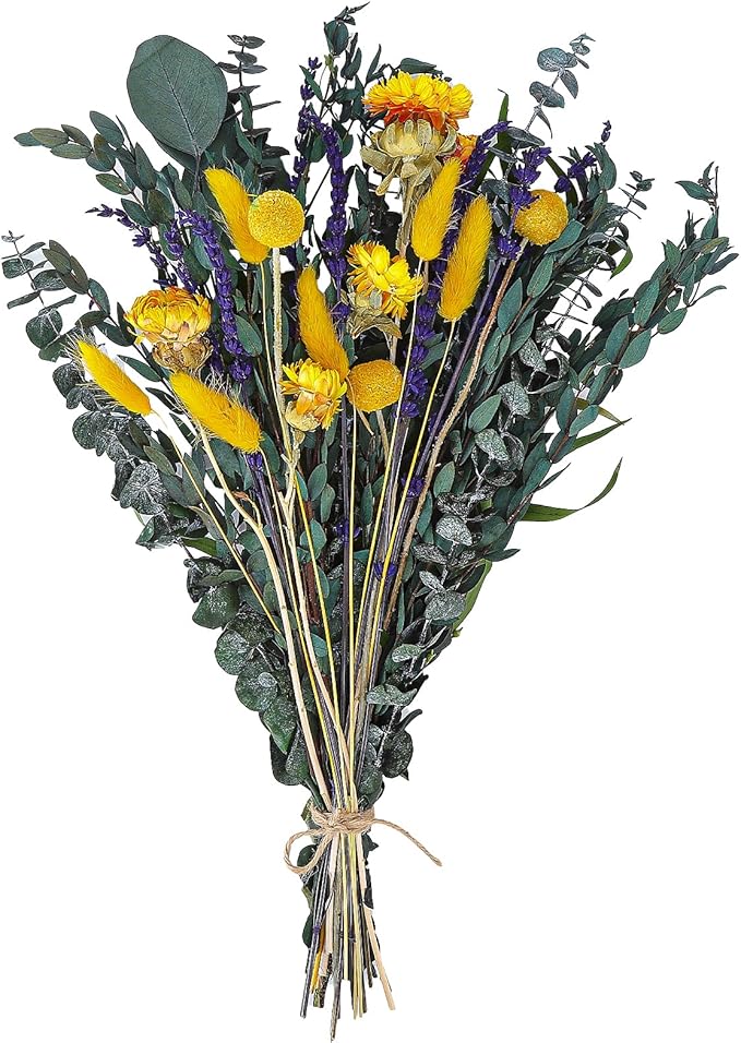 Mixed Dried Eucalyptus Stems with Lavender, Yellow Bunny Tails, Natural Preserved Botanicals for Home Decor Shower Bouquet Wedding