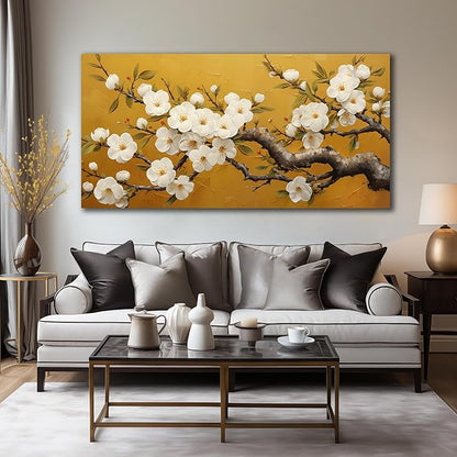 Plum Blossom Prints Wall Art for Living Room Yellow and White Wall Decor for Bedroom Big Canvas Wall Art for Office Size 29 x 58 Inch