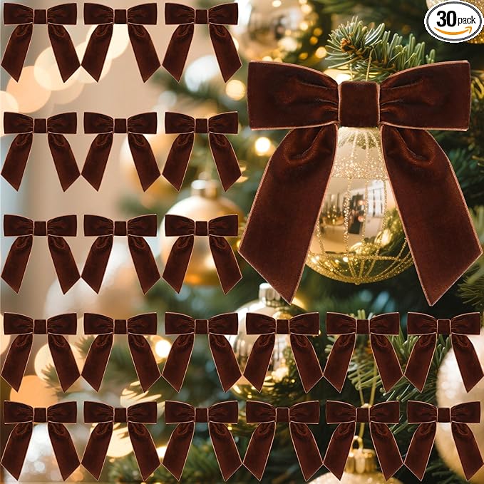 30 Pcs Velvet Ribbon Bows 5" x 4" Pre Tied Christmas Velvet Bows with Twist Tie for Gift Packaging Christmas Tree Wreaths Door Windows Wedding Party Decoration(Brown)
