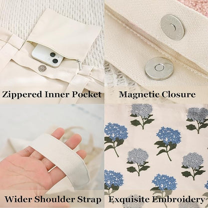 Aesthetic Embroidery Tote Bag for Lady Cute Reusable Canvas Shoulder Bag for Girls Women Shopping Grocery