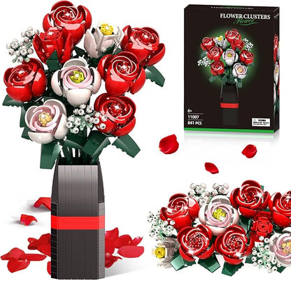 Rose Flower Bouquet Building Kit Gifts for Adults, Kids, Roses Bouquet Building Set, 841PCS Red Roses Artificial Flowers with Vase, Rose Unique DIY Gifts for Women, Anniversaries