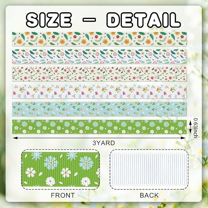 YKW Spring Grosgrain Ribbon, 6 Pack (5/8 Inch x 3 Yards Each), Floral Bird Ribbon, Garden Theme Craft Ribbons for Gift Wrapping Wedding Party Home Decoration DIY Projects