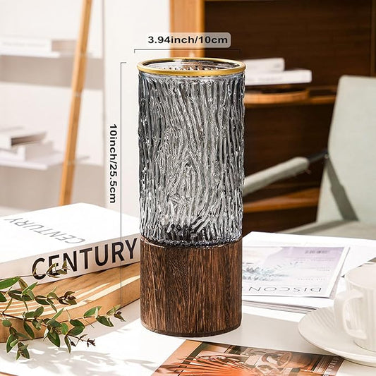 10 Inch Large Artistic Wood Base Glass Cylinder Flower Vase, Ins Modern Boho Water Wave Style for Home Kitchen Fireplace Office Desks, Houses, Garden Decorations