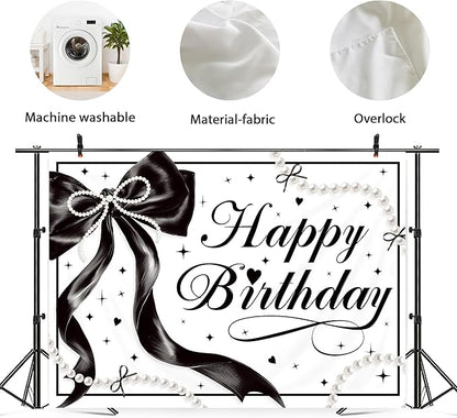 Black Bow Happy Birthday Banner Backdrop 7Wx5H Photography Black White Pearls Bowknot Balloons Girly Female Background Aesthetic Pretty Bday Party Decorations Banner Photo Booth Props Supplies