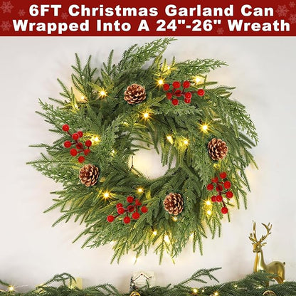 6 Ft by 10 Inch Prelit Christmas Garland with Lights Timer 8 Modes, Real Touch Norfolk Pine Garland 100 Pine Cypress Tips Pinecones Berried Cedar Garlands Thick Greenery Garlands for Home Table Mantle