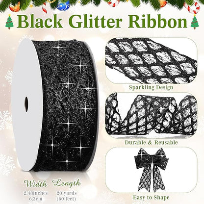 Geosar 20 Yards Black Mesh Glitter Wired Ribbon for Christmas Tree Decorations, Gift Wrapping, DIY Craft, Xmas Wreaths, Cabinet Decor (2.5 Inch)