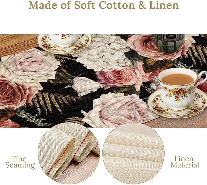 Gothic Flower Table Runner, Vintage Peony Rose Rustic Farmhouse Natural Spring Black Floral Leaves Table Runner for Home Indoor Outdoor Party Wedding Decor, 13x108inch