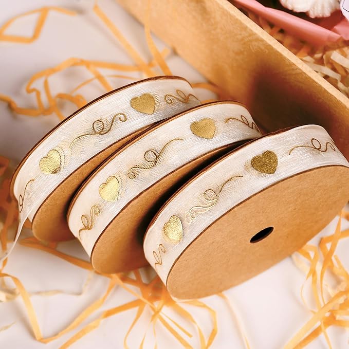 ‌SAYUAN Gold Hearts Ribbon 5/8 Inch x 30 Yards Organza Ribbon with Gold Heart Pattern for Valentine's Day Birthday Christmas Gift Wrapping Handmade Crafts Floral Bouquet Wedding Party Decoration