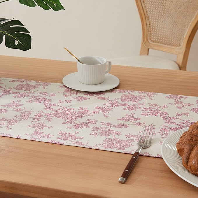 100% Cotton French Pastoral Table Runners, 13x72 Inch Pink Farmhouse Table Runners 72 Inches Long, Vintage Flowers Print Home Decors