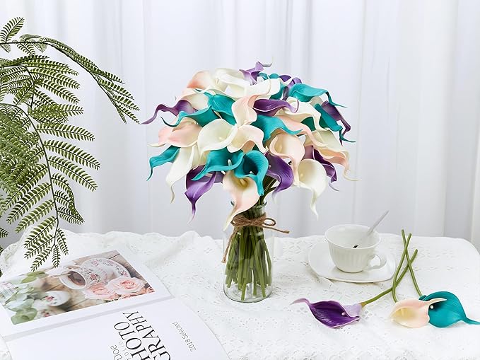 24 Pcs Artificial Calla Lily Flowers Colorful Fake Silk Flowers Real Touch for Wedding Bouquet Office Home Kitchen Decor