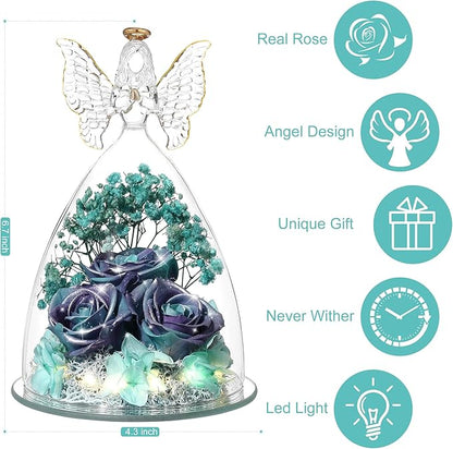 Christmas Rose Gifts for Women Preserved Real Flower in Glass Angel Figurines Roses for Delivery Prime Birthday Gifts for Mom Grandma Girlfriend Wife Her, GlitterPurpleAquablue