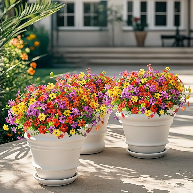 Homsunny Artificial Flowers for Outdoors UV Resistant Spring Home Decoration, 12 Pcs Realistic Fake Plants Faux Silk Flower Daisy with Eucalyptus Stem for Patio Planter Porch Yard Window (4 Colors)