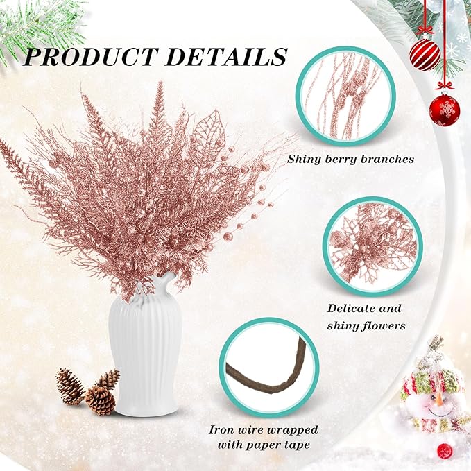 30 Pcs Artificial Christmas Tree Picks and Sprays Glitter Berry Stem Branches Holly Floral Picks Twigs Christmas Tree Ornaments for DIY Xmas Wreath Vase Filler Decorations (Rose Gold)
