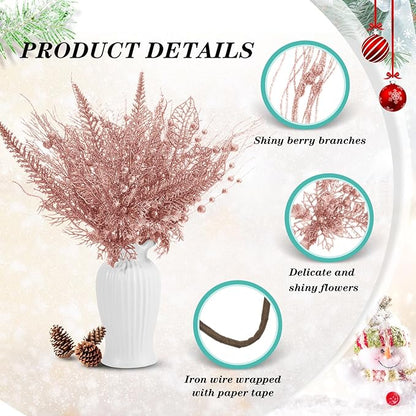 30 Pcs Artificial Christmas Tree Picks and Sprays Glitter Berry Stem Branches Holly Floral Picks Twigs Christmas Tree Ornaments for DIY Xmas Wreath Vase Filler Decorations (Rose Gold)
