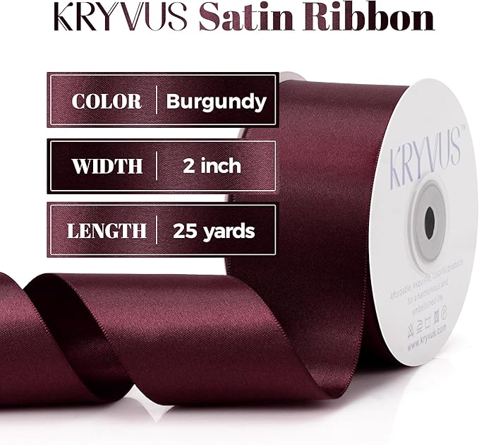 Burgundy Satin Ribbon, Double Faced 2 Inch X 25 Yards Burgundy Ribbon, Premium Satin Ribbon for Gift Wrapping, Crafts, Hair Bow Making, Sewing, Flower Bouquet, Wedding Party Decor