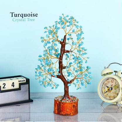 YATHABI Turquoise Crystal Sculpture - Feng Shui Money Tree - Good Luck, Positive Energy - Decorative Desk Accessory
