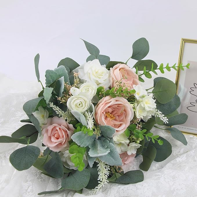 Rinlong 12.6 Inch Wedding Bouquets for Bride Pink Green Bridal Bouquet for Wedding Artificial Flowers Silk Bouquet Spring