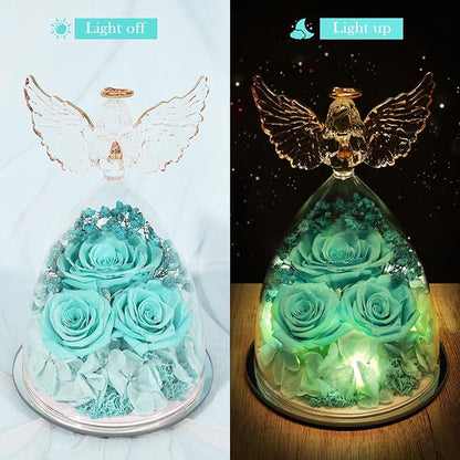 FIACO Preserved Flower Rose Gifts for Women, Forever Eternal Fresh Flowers in Glass Angel Figurines Flowers for Delivery for Grandma Mom Sister Her Wife on Mothers Day Birthday Christmas Thanksgiving