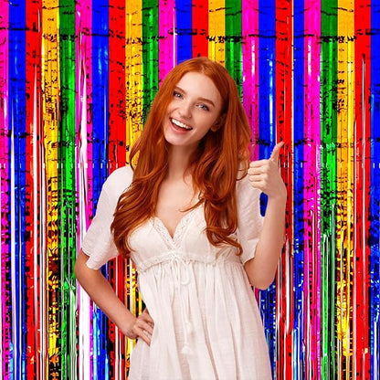 3 Pack 3.3x8.2 Feet Rainbow Foil Fringe Backdrop Curtains, Tinsel Streamers Birthday Party Decorations, Fringe Backdrop for Graduation, Baby Shower, Gender Reveal, Disco Party