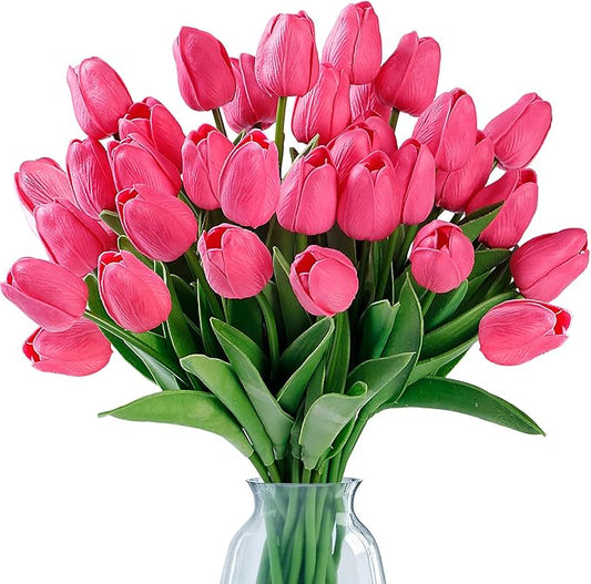 Sggvecsy 15 Pcs Fake Tulips Artificial Flowers Real Touch PU Faux Flowers Tulip Stems for Wedding Spring Bouquet Floral Arrangement Home Party Office Decorations for Mother's Day (Dark Pink)