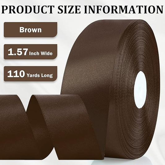 XSEINO 110 Yards Ribbon,1 1/2 Inch Brown Satin Ribbon for Flower Bouquet, Gift Wrapping, Ribbons for Crafts, Hair Bows Making, Wedding Party Decoration, Sewing, Invitation Cards, Christmas