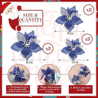 Boao 24 Pieces Christmas Artificial Glitter Poinsettia Flowers Xmas Flowers Wedding Christmas Tree New Year Ornaments(Navy Blue)